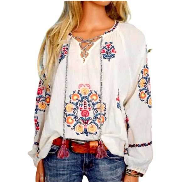Sundance Tops - Sundance Floral Embroidered Long Sleeve Peasant Style Lightweight Blouse Top XL